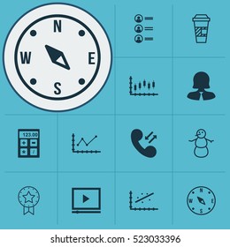 Set Of 12 Universal Editable Icons. Can Be Used For Web, Mobile And App Design. Includes Elements Such As Analytics, Cellular Data, Changes Graph And More.