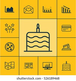 Set Of 12 Universal Editable Icons. Can Be Used For Web, Mobile And App Design. Includes Elements Such As Road Map, Pizza Meal, Market Research And More.