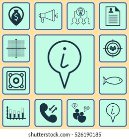 Set Of 12 Universal Editable Icons. Can Be Used For Web, Mobile And App Design. Includes Elements Such As Info Pointer, Music, Segmented Bar Graph And More.