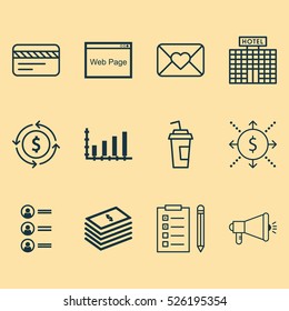 Set Of 12 Universal Editable Icons. Can Be Used For Web, Mobile And App Design. Includes Elements Such As Money, Money Recycle, Hotel Construction And More.