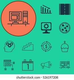 Set Of 12 Universal Editable Icons. Can Be Used For Web, Mobile And App Design. Includes Elements Such As Growth, Computer, Media Campaign And More.