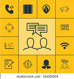Set Of 12 Universal Editable Icons. Can Be Used For Web, Mobile And App Design. Includes Elements Such As Media Campaign, Wireless, Discussion And More.