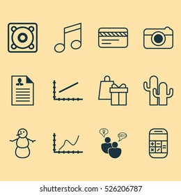 Set Of 12 Universal Editable Icons. Can Be Used For Web, Mobile And App Design. Includes Elements Such As SEO Brainstorm, Line Graph, Crotchets And More.