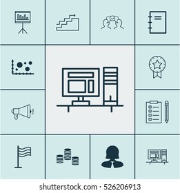 Set Of 12 Universal Editable Icons. Can Be Used For Web, Mobile And App Design. Includes Elements Such As Business Woman, Presentation, Computer And More.