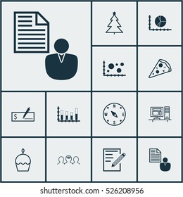 Set Of 12 Universal Editable Icons. Can Be Used For Web, Mobile And App Design. Includes Elements Such As Segmented Bar Graph, Birthday Cake, Computer And More.