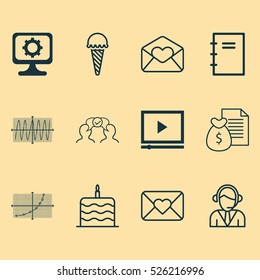 Set Of 12 Universal Editable Icons. Can Be Used For Web, Mobile And App Design. Includes Elements Such As Celebration Cake, Cosinus Diagram, Frozen Food And More.