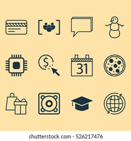 Set Of 12 Universal Editable Icons. Can Be Used For Web, Mobile And App Design. Includes Elements Such As World, Graduation, Winter And More.