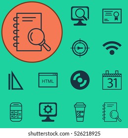 Set Of 12 Universal Editable Icons. Can Be Used For Web, Mobile And App Design. Includes Elements Such As Coding, Takeaway Coffee, PC And More.