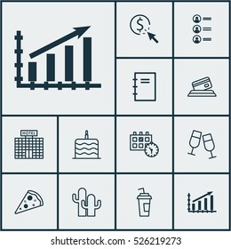 Set Of 12 Universal Editable Icons. Can Be Used For Web, Mobile And App Design. Includes Elements Such As Hotel Construction, Drink Cup, Credit Card And More.