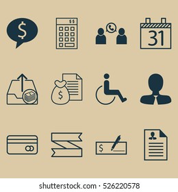 Set Of 12 Universal Editable Icons. Can Be Used For Web, Mobile And App Design. Includes Elements Such As Curriculum Vitae, Date, Blank Ribbon And More.