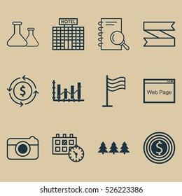 Set Of 12 Universal Editable Icons. Can Be Used For Web, Mobile And App Design. Includes Elements Such As Hotel Construction, Chemical, Business Goal And More.