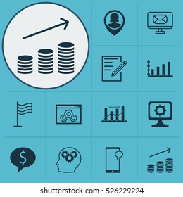 Set Of 12 Universal Editable Icons. Can Be Used For Web, Mobile And App Design. Includes Elements Such As Pin, PC, Dynamics And More.