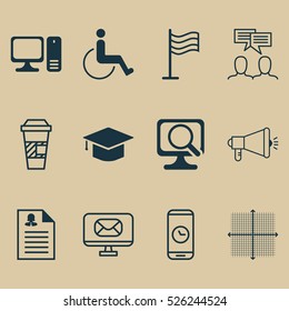 Set Of 12 Universal Editable Icons. Can Be Used For Web, Mobile And App Design. Includes Elements Such As Pin, Graduation, Graphical Grid And More.