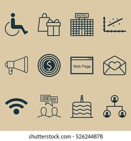 Set Of 12 Universal Editable Icons. Can Be Used For Web, Mobile And App Design. Includes Elements Such As Website, Business Goal, Celebration Cake And More.
