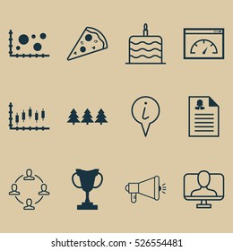 Set Of 12 Universal Editable Icons. Can Be Used For Web, Mobile And App Design. Includes Elements Such As Holiday Ornament, Stock Market, Comparison And More.
