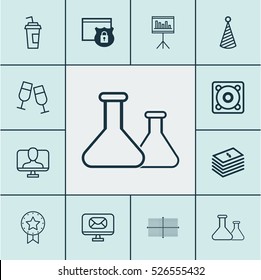 Set Of 12 Universal Editable Icons. Can Be Used For Web, Mobile And App Design. Includes Elements Such As Chemical, Champagne Glasses, Presentation And More.