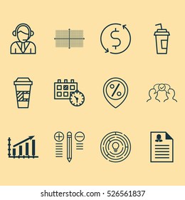 Set Of 12 Universal Editable Icons. Can Be Used For Web, Mobile And App Design. Includes Elements Such As Female Application, Operator, Profit Graph And More.