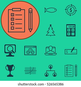 Set Of 12 Universal Editable Icons. Can Be Used For Web, Mobile And App Design. Includes Elements Such As Fishing, Reminder, Money Recycle And More.
