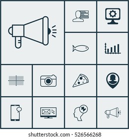 Set Of 12 Universal Editable Icons. Can Be Used For Web, Mobile And App Design. Includes Elements Such As PC, Fishing, Square Diagram And More.