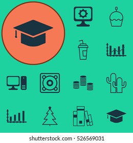 Set Of 12 Universal Editable Icons. Can Be Used For Web, Mobile And App Design. Includes Elements Such As Raise Diagram, Library, Music And More.