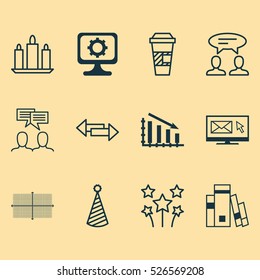 Set Of 12 Universal Editable Icons. Can Be Used For Web, Mobile And App Design. Includes Elements Such As Library, Square Diagram, Newsletter And More.