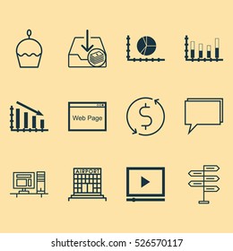 Set Of 12 Universal Editable Icons. Can Be Used For Web, Mobile And App Design. Includes Elements Such As Segmented Bar Graph, Computer, Paid Download And More.