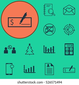 Set Of 12 Universal Editable Icons. Can Be Used For Web, Mobile And App Design. Includes Elements Such As Financial, Greeting Email, Phone Conference And More.