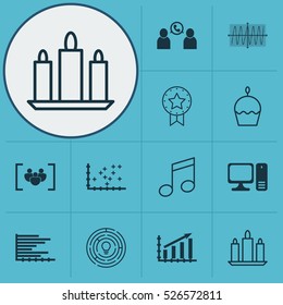 Set Of 12 Universal Editable Icons. Can Be Used For Web, Mobile And App Design. Includes Elements Such As Birthday Cake, Desktop Computer, Innovation And More.
