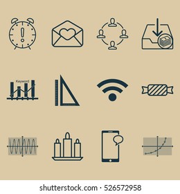 Set Of 12 Universal Editable Icons. Can Be Used For Web, Mobile And App Design. Includes Elements Such As Keyword Optimisation, Line Grid, Greeting Email And More.