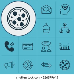 Set Of 12 Universal Editable Icons. Can Be Used For Web, Mobile And App Design. Includes Elements Such As Pizza Meal, Brain Process, Money Recycle And More.