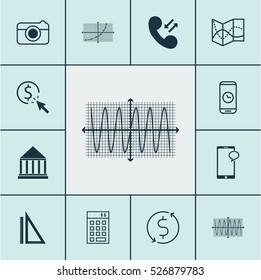 Set Of 12 Universal Editable Icons. Can Be Used For Web, Mobile And App Design. Includes Elements Such As Sinus Graph, Messaging, Street And More.