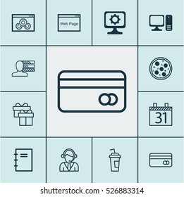 Set Of 12 Universal Editable Icons. Can Be Used For Web, Mobile And App Design. Includes Elements Such As Plastic Card, Website Performance, Pizza Meal And More.