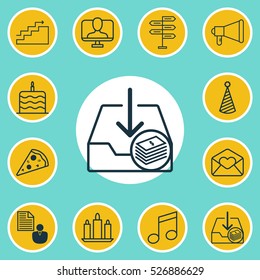 Set Of 12 Universal Editable Icons. Can Be Used For Web, Mobile And App Design. Includes Elements Such As Birthday Hat, Sliced Pizza, Growth And More.