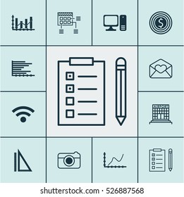 Set Of 12 Universal Editable Icons. Can Be Used For Web, Mobile And App Design. Includes Elements Such As Bars Chart, Desktop Computer, Business Goal And More.