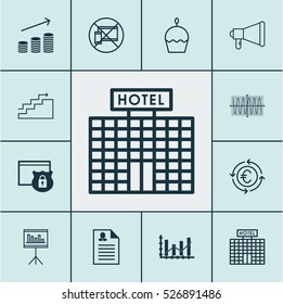 Set Of 12 Universal Editable Icons. Can Be Used For Web, Mobile And App Design. Includes Elements Such As Hotel Construction, Coins Growth, Sinus Graph And More.