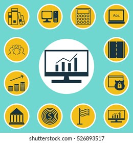 Set Of 12 Universal Editable Icons. Can Be Used For Web, Mobile And App Design. Includes Elements Such As Desktop Computer, Photo Camera, Library And More.