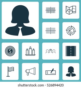 Set Of 12 Universal Editable Icons. Can Be Used For Web, Mobile And App Design. Includes Elements Such As Business Woman, Road Map, Currency Recycle And More.