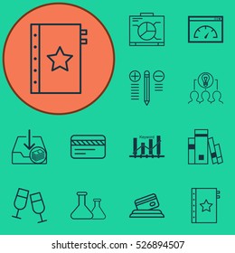 Set Of 12 Universal Editable Icons. Can Be Used For Web, Mobile And App Design. Includes Elements Such As Keyword Optimisation, Champagne Glasses, Credit Card And More.