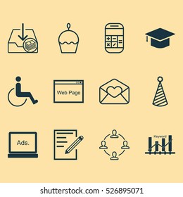 Set Of 12 Universal Editable Icons. Can Be Used For Web, Mobile And App Design. Includes Elements Such As Calculation, Paper, Graduation And More.
