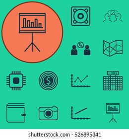 Set Of 12 Universal Editable Icons. Can Be Used For Web, Mobile And App Design. Includes Elements Such As Chip, Street, Music And More.