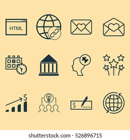Set Of 12 Universal Editable Icons. Can Be Used For Web, Mobile And App Design. Includes Elements Such As Successful Investment, Connectivity, Celebration Letter And More.