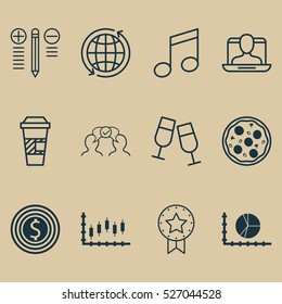 Set Of 12 Universal Editable Icons. Can Be Used For Web, Mobile And App Design. Includes Elements Such As Champagne Glasses, Business Goal, Pizza Meal And More.