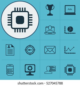 Set Of 12 Universal Editable Icons. Can Be Used For Web, Mobile And App Design. Includes Elements Such As Social Profile, Calculation, Circle Graph And More.