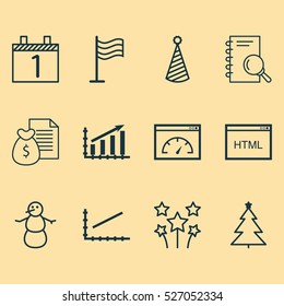 Set Of 12 Universal Editable Icons. Can Be Used For Web, Mobile And App Design. Includes Elements Such As Pin, Analysis, Festive Fireworks And More.