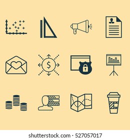 Set Of 12 Universal Editable Icons. Can Be Used For Web, Mobile And App Design. Includes Elements Such As Money, Plot Diagram, Takeaway Coffee And More.