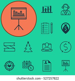 Set Of 12 Universal Editable Icons. Can Be Used For Web, Mobile And App Design. Includes Elements Such As Curriculum Vitae, Presentation, Decorated Tree And More.