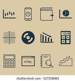 Set Of 12 Universal Editable Icons. Can Be Used For Web, Mobile And App Design. Includes Elements Such As Coding, Circle Graph, Stock Market And More.