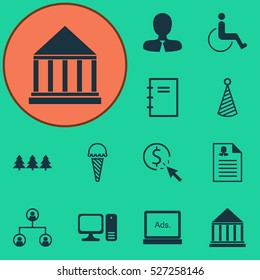 Set Of 12 Universal Editable Icons. Can Be Used For Web, Mobile And App Design. Includes Elements Such As Education Center, Desktop Computer, Frozen Food And More.