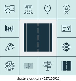 Set Of 12 Universal Editable Icons. Can Be Used For Web, Mobile And App Design. Includes Elements Such As Raise Diagram, Photo Camera, Road Map And More.