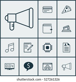 Set Of 12 Universal Editable Icons. Can Be Used For Web, Mobile And App Design. Includes Elements Such As Crotchets, Curriculum Vitae, Sliced Pizza And More.